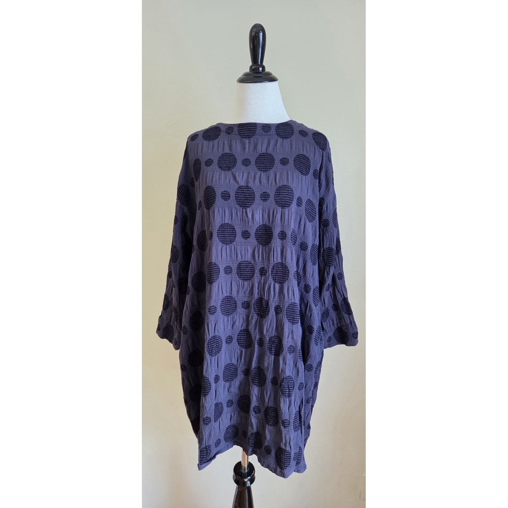Le Ciel A Temps Doux 3/4 Sleeve Cotton Dress Navy Circles Sz L‎ Lagenlook
